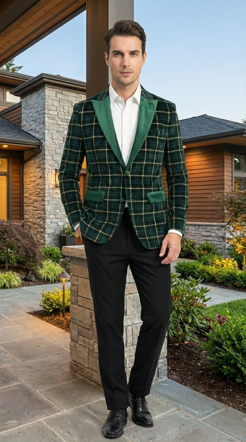 Mens Tartan Green and Gold Check Blazer β Windowpane Plaid Sport Coat Velvet Lapel Plaid Christmas Holiday New Year Jacket