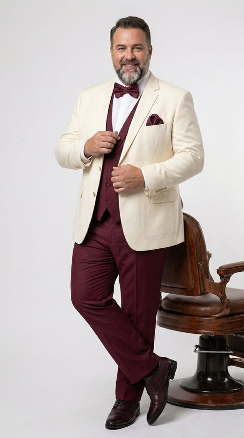 Menās Cream Ivory and Burgundy 3 Piece Tuxedo Suit, Vested Formal Wedding Prom Dinner Suit in Cream Off White Color