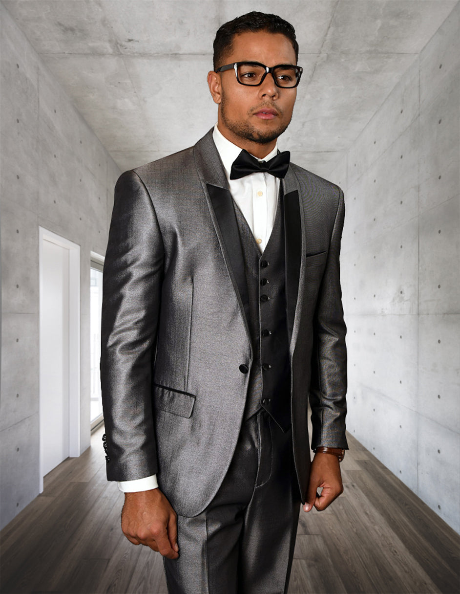 Mens 2 Button Vested Half Shawl Tuxedo in Silver Sharkskin – SuitUSA