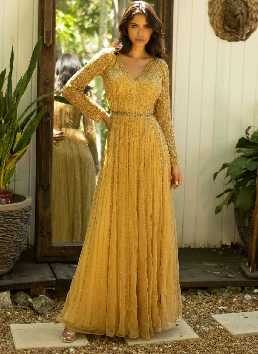 Primavera Couture 12010 - Beaded Sequin Long-Sleeve Evening Gown