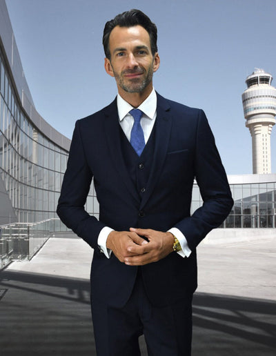 Mens 2 Button Skinny Vested Wool Suit in Navy Blue by Statement