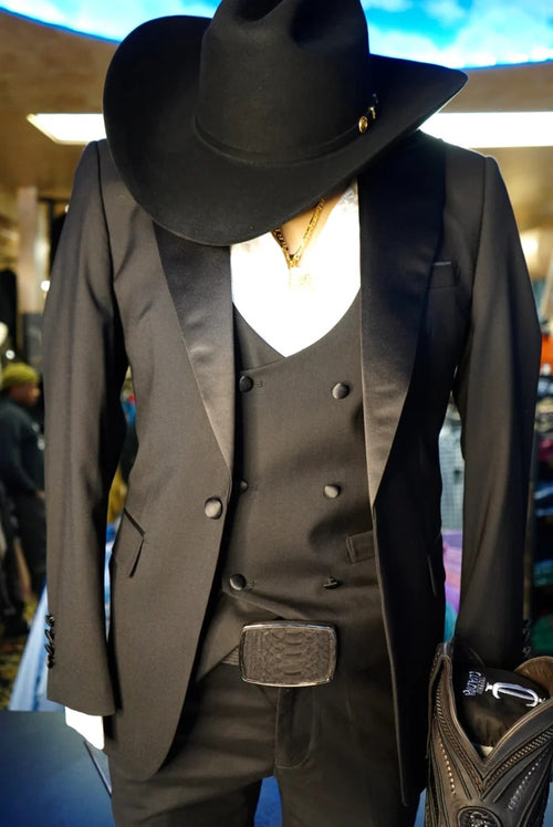 Men’s Black Western Tuxedo Suit with Satin Shawl Lapel Blazer and Double Breasted Vest