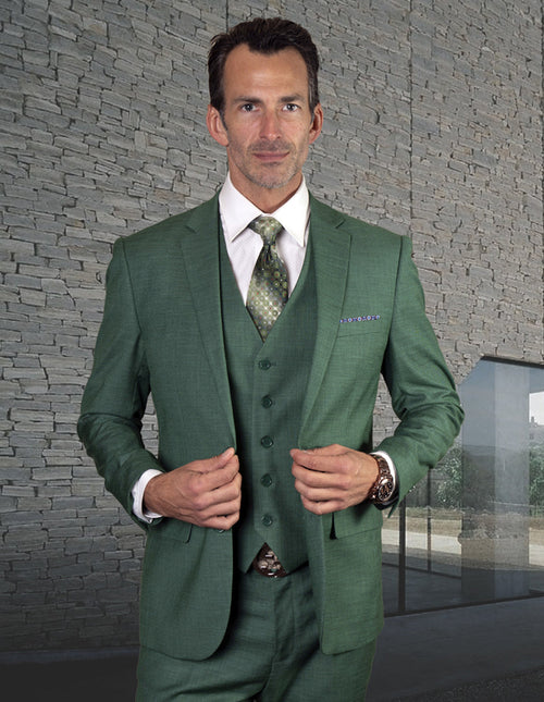 Mens 2 Button Slim Fit Vested Wool Suit in Forest Green by Statement