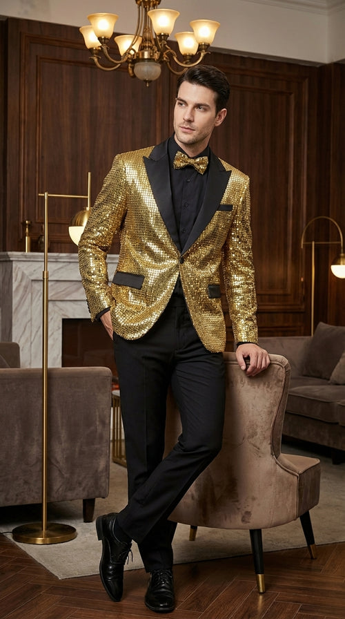 Mens Gold Sequin Blazer with Black Satin Lapel – Gold Formal Party Blazer Jacket for Prom, Wedding and Stage Events