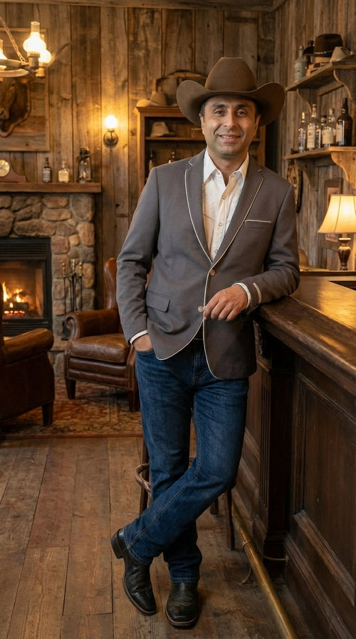Mens Grey and White Trim Western Blazer β Classic Fit Cowboy Style Contrast Trim Dress Jacket