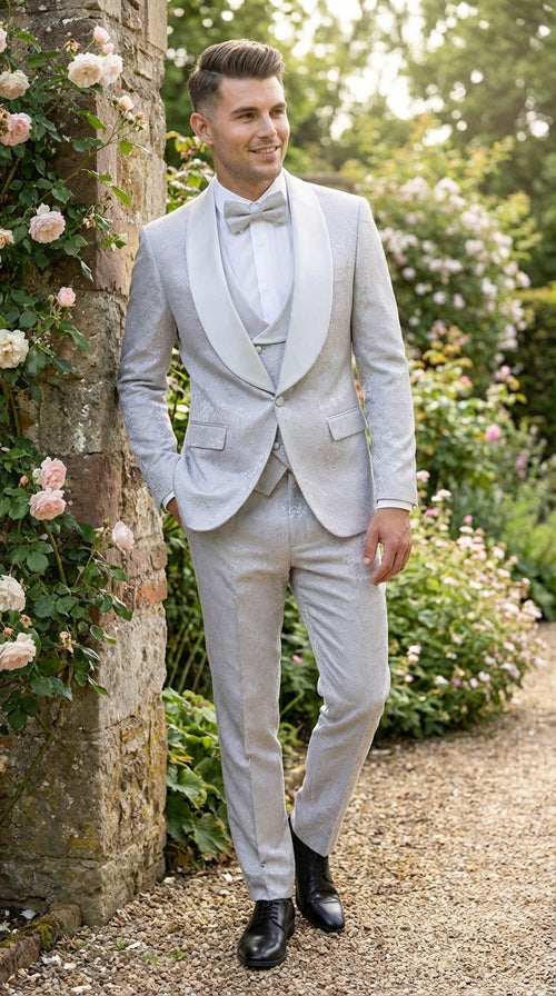 Mens Light Silver Wedding Tuxedo Suit β Paisley Fabric Three Piece Formal Suit Set with Shawl Lapel for Groom, Prom, Gala and ice Grey