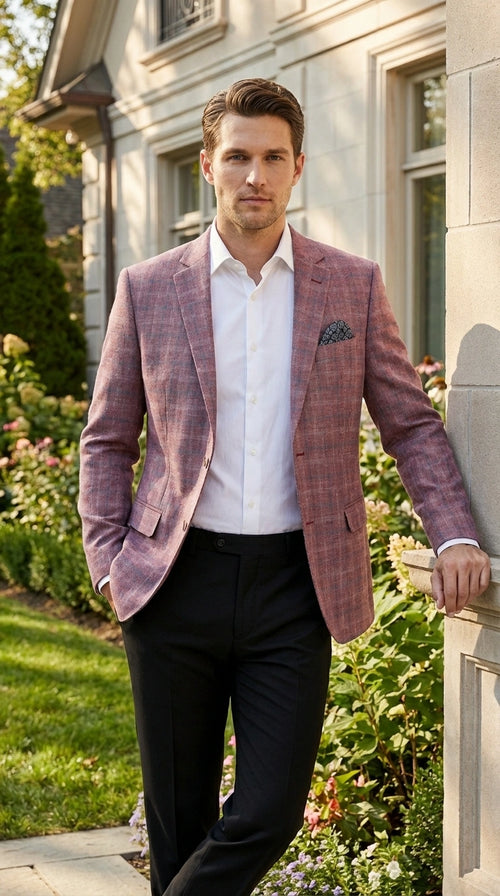 Mens Dusty Rose Mauve Pink with Tint of Blue Plaid Sport Coat Blazer β Classic Check Pattern Casual Blazer Jacket for Business Casual, Wedding