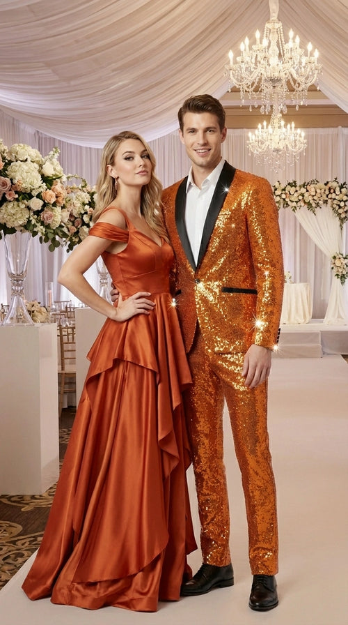 Mens Orange Sequin Tuxedo Suit β Shiny Wedding Suit Set with Black Lapel for Prom, Party, Gala and Formal Evening Wear - Goldish Orange