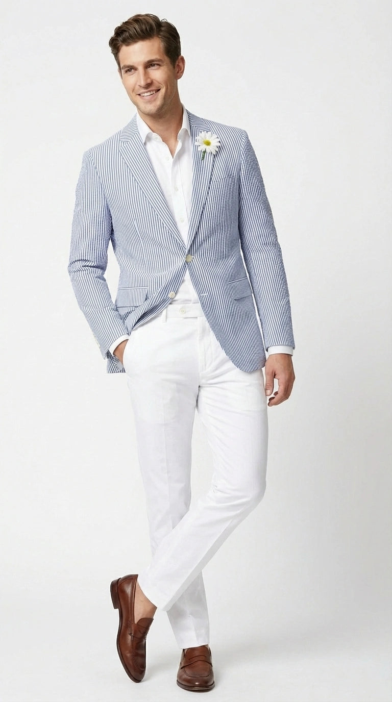 Mens Blue Seersucker Blazer β Lightweight Striped Summer Sport Coat Casual Smart Formal Jacket