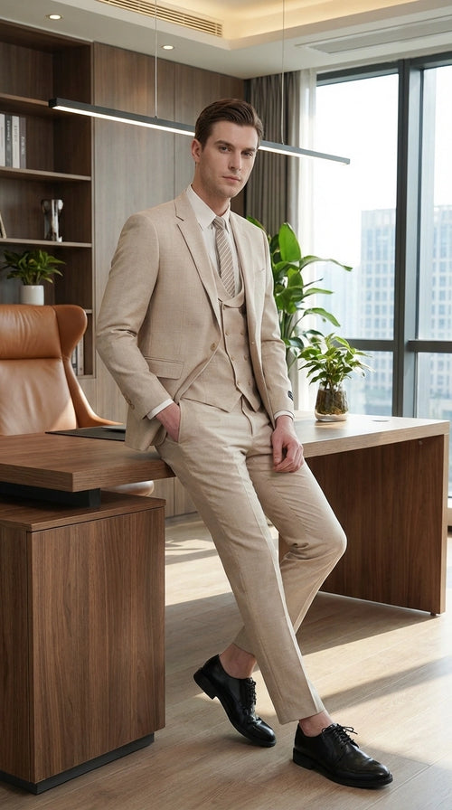 Mens Sand Beige 3 Piece Suit β Double breasted Vest Formal Suit Set and Dress Pants in Champaign Natural Summer Color