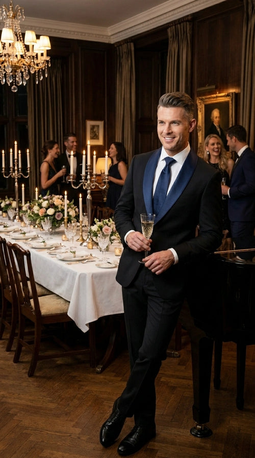 Men’s Black Suit with Navy Blue Lapel – Elegant Formal Tuxedo Style Suit for Wedding, Prom, Party and Evening Wear