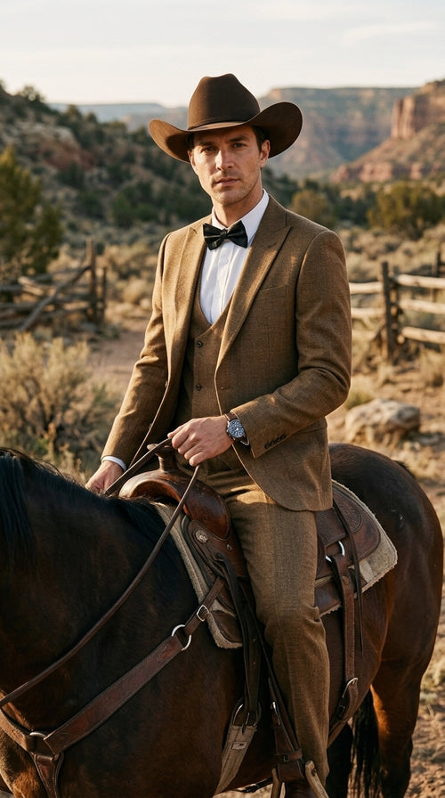 Men’s Light Brown Western 3-Piece Suit – Cowboy Wedding Suit with Vest British Khaki Color