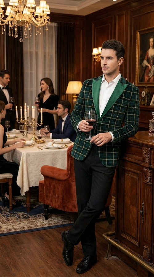 Mens Tartan Green and Gold Check Blazer β Windowpane Plaid Sport Coat Velvet Lapel Plaid Christmas Holiday New Year Jacket