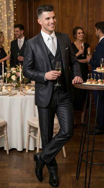 Men’s Black Three Piece Suit – Modern Fit 3PC Formal Suit with Vest for Wedding, Prom and Business Events Sharkskin Shiny Fabric