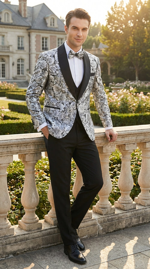 Mens Black and Silver Floral Tuxedo β Luxury Patterned Wedding, Prom and Formal Dinner Tuxedo