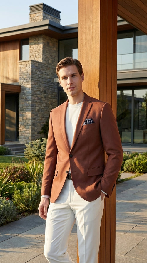 Mens Rustic Brown Light Burnt Orange Copper Blazer β Classic Fit Single Breasted Formal Casual Dress Jacket