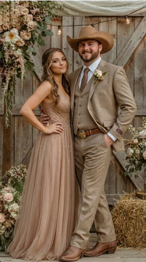 Mens Sharkskin Dark Taupe Tan with sheen Western 3 Piece Suit β Classic Country Style Blazer Vest Pants Set, Formal Cowboy Suit Outfit
