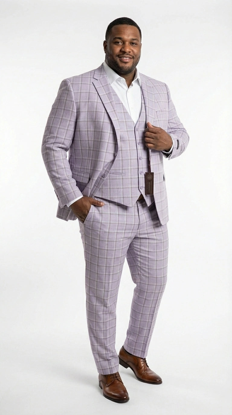 Men’s Lilac Lavender Windowpane Check 3 Piece Suit – Lilac Plaid Formal Suit with Vest for Wedding, Prom and Business Events