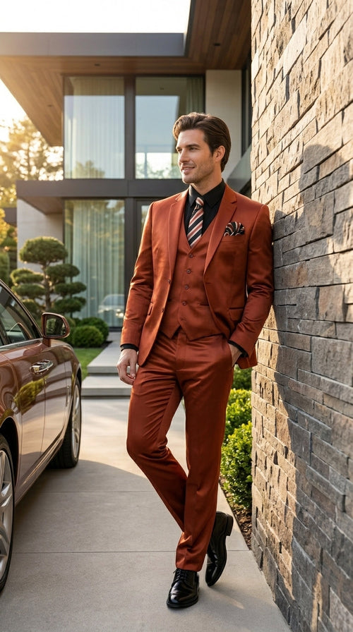 Menās Rust Copper Coganc Shiny Sateen 3 Piece Suit, Vested Formal Wedding Prom Suit Set Ultra Slim Fit