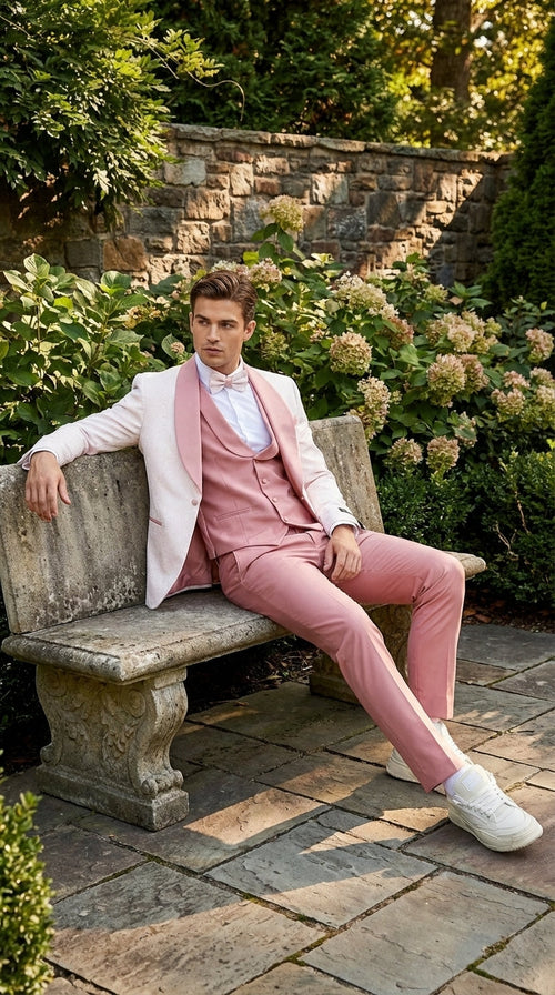 Men’s Cream and Rose Pink Prom Suit – Cream Tuxedo Jacket with Rose Pink Pants and Shawl Lapel Formal Suit for Prom and Wedding