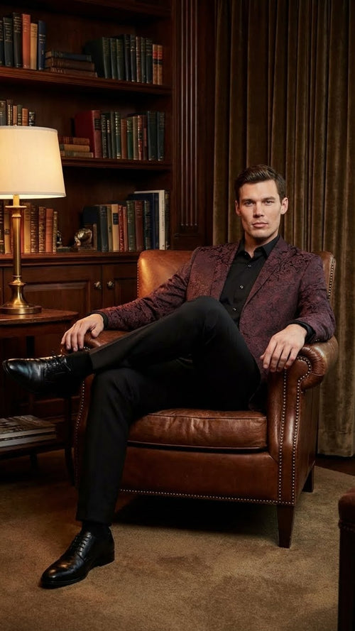 Men’s Burgundy Paisley Blazer Sport Coat - Velvet Dinner Jacket floral in Maroon Wine Color Ultra Slim Fit Smoking Jacket by USA Men's Outlet