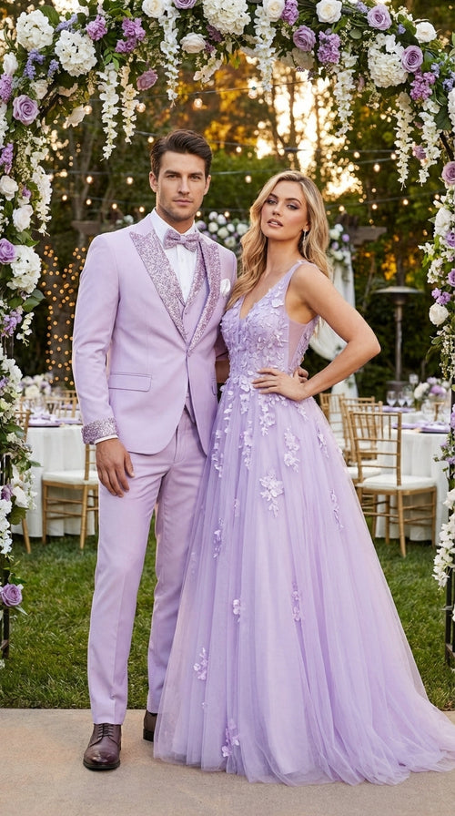 Men’s Lilac Suit with Silver Glitter Sequin Lapel – Lilac and Silver Formal Tuxedo Suit for Prom, Wedding Lavender Tuxedo