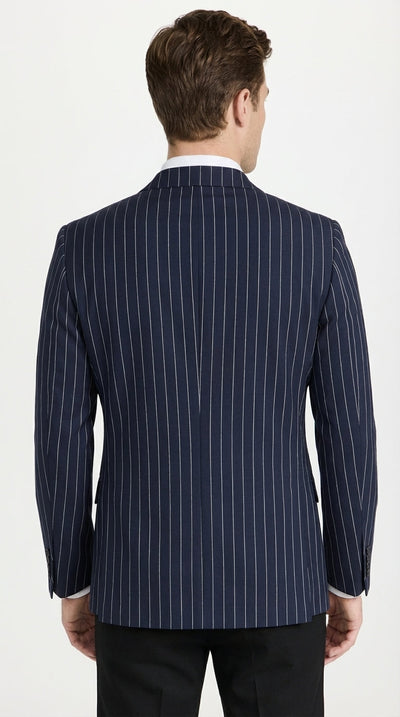 Mens Navy Blue Pinstripe Double Breasted Blazer Sport Coat – Classic Formal Business Jacket for Party and Smart Casual Wear