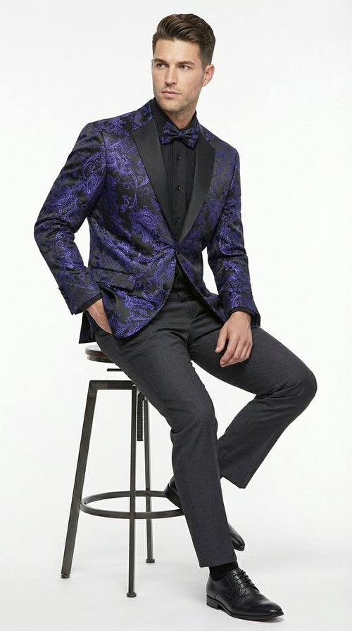 Mens Royal Blue Paisley Jacquard Blazer β Luxury Pattern Tuxedo Dinner Jacket with Black Satin Lapel for Wedding, Prom With Bowtie