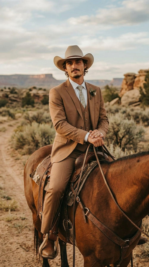 Mens Camel Brown Copper Western 3 Piece Suit β Classic Country Style Blazer Vest Pants Set, Formal Cowboy Suit Outfit