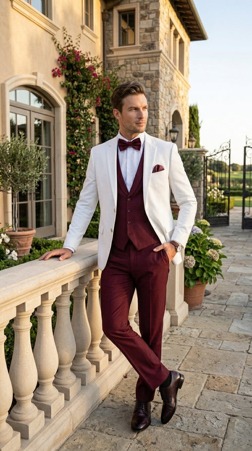 Menās White and Burgundy 3 Piece Tuxedo Suit, Vested Formal Wedding Prom Dinner Suit Set bowtie included