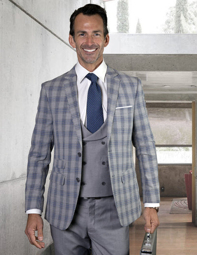 Mens 2 Button Plaid Suit with Low Cut Double Breasted Vest in Grey Plaid by Statement
