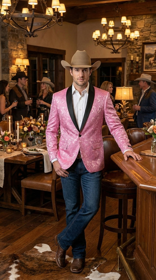 Mens Hot Pink Paisley Western Blazer Jacket β Stylish Pattern Formal Blazer with Black Shawl Lapel for Party, Wedding Cowboy Sportcoat
