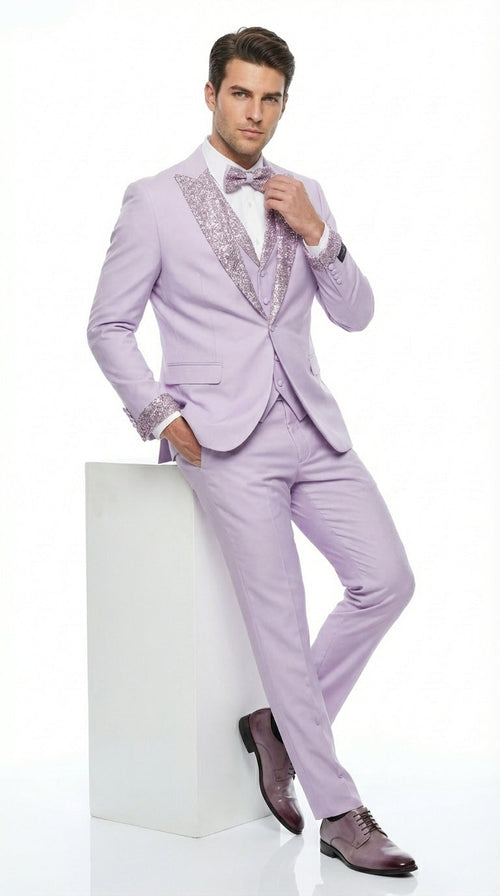 Men’s Lilac Suit with Silver Glitter Sequin Lapel – Lilac and Silver Formal Tuxedo Suit for Prom, Wedding Lavender Tuxedo
