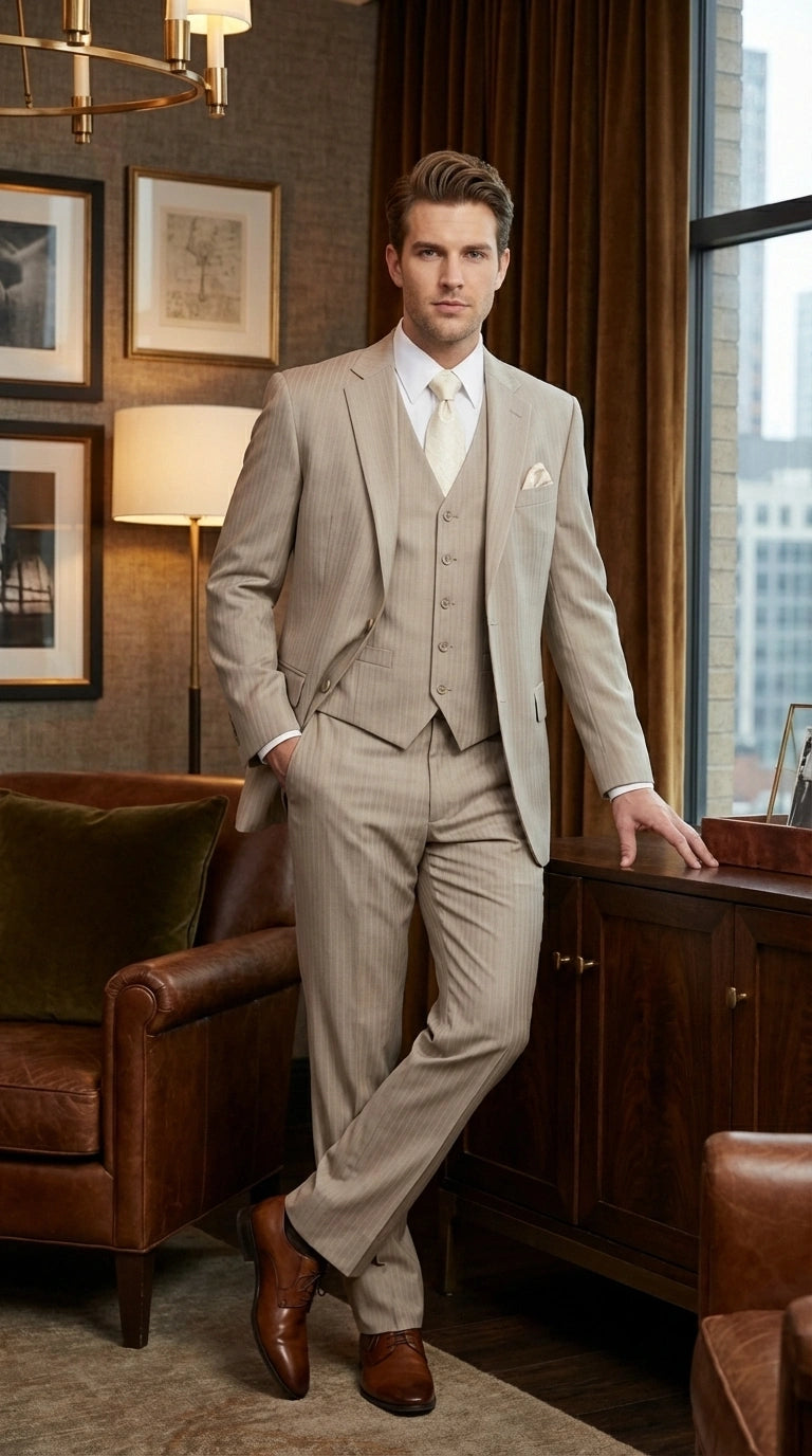 Men’s Tan Pinstripe Three Piece Suit – Classic Fit Pleated Pants Tan Sand Beige Wedding, Church Shadow Ton on Tone Business Suit for Men – SuitUSA