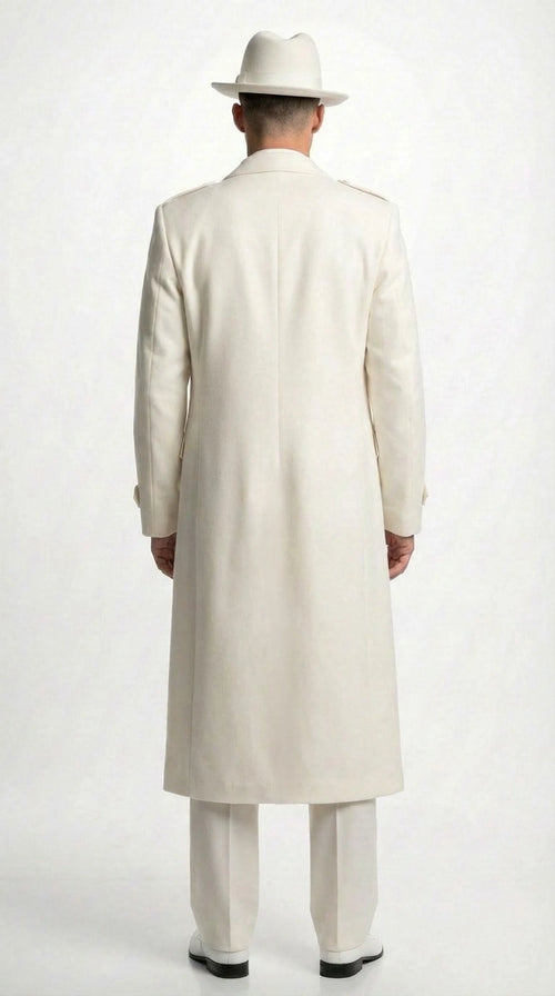 Men’s Ivory Cream Off White Full Length Zoot Suit – Vintage Gangster Style Long Coat Formal Suit