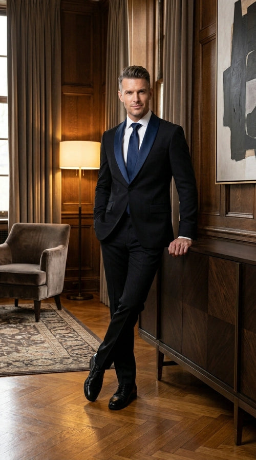 Men’s Black Suit with Navy Blue Lapel – Elegant Formal Tuxedo Style Suit for Wedding, Prom, Party and Evening Wear