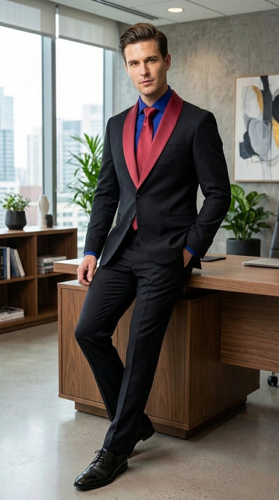 Men’s Black Suit with Burgundy Shawl Lapel – Formal Tuxedo Suit for Wedding, Prom and Evening Events + Bowtie & Tie