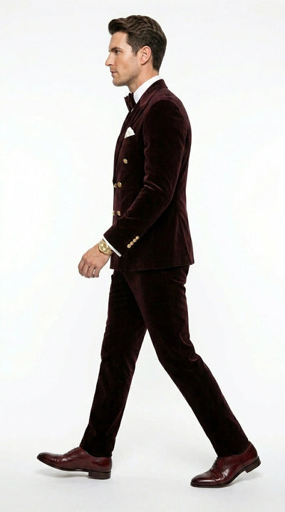 Men’s Dark Brown Velvet Blazer and Pants 2 Piece Suit, Double Breasted Formal Dinner Suit for Weddings, Prom