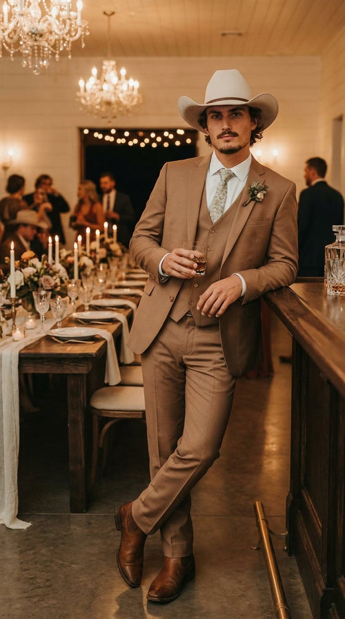 Mens Camel Brown Copper Western 3 Piece Suit β Classic Country Style Blazer Vest Pants Set, Formal Cowboy Suit Outfit