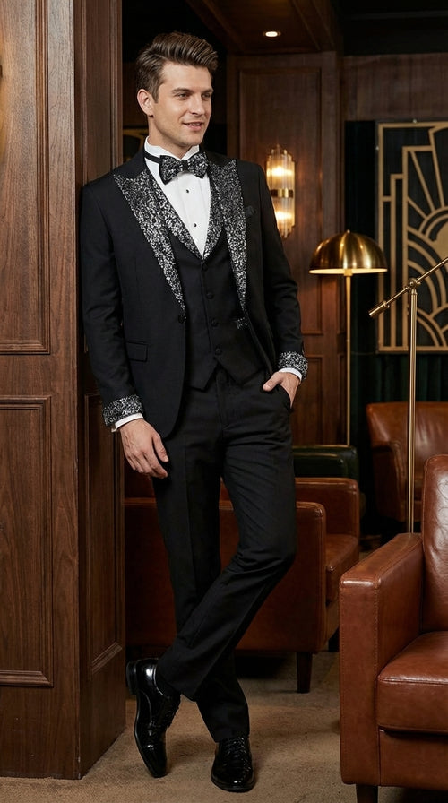 Mens Black and White Lapel Tuxedo Suit – Black Formal Tuxedo with White Pattern Lapel for Wedding, Prom and Evening Events