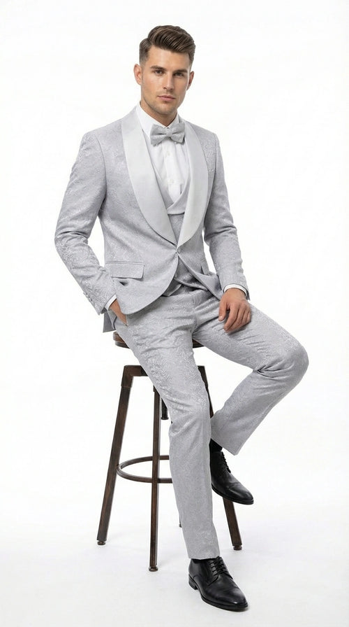 Mens Light Silver Wedding Tuxedo Suit β Paisley Fabric Three Piece Formal Suit Set with Shawl Lapel for Groom, Prom, Gala and ice Grey
