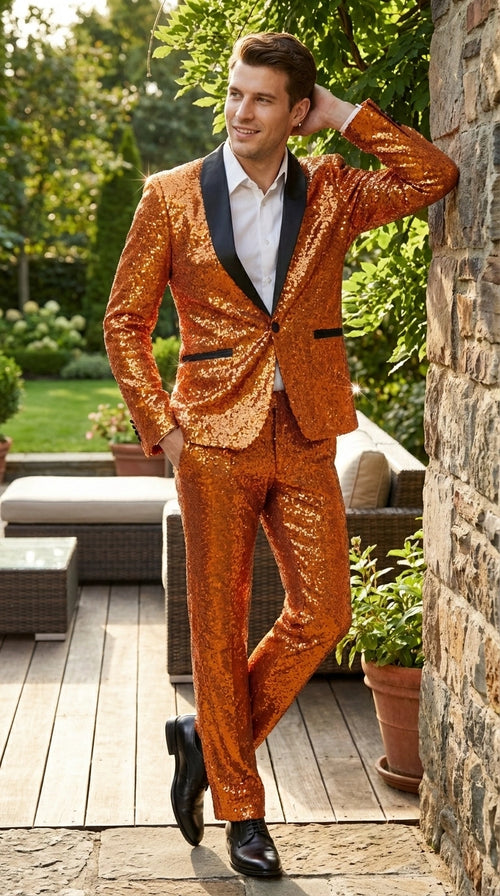 Mens Orange Sequin Tuxedo Suit β Shiny Wedding Suit Set with Black Lapel for Prom, Party, Gala and Formal Evening Wear - Goldish Orange