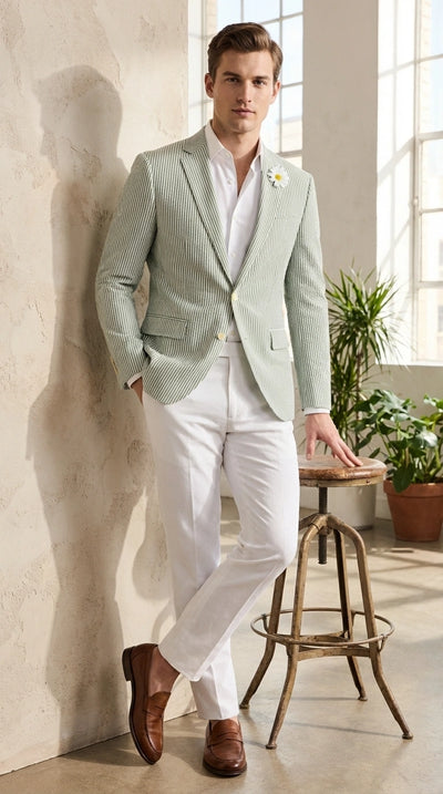 Mens Sage Green Seersucker Blazer – Lightweight Striped Summer Sport Coat Casual Smart Formal Jacket