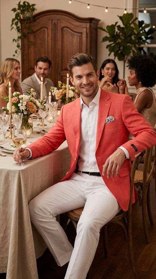 Mens Coral Linen Blazer Sport Coat – Lightweight Summer Linen Jacket for Wedding, Beach Events, Business Casual in Salmon Color