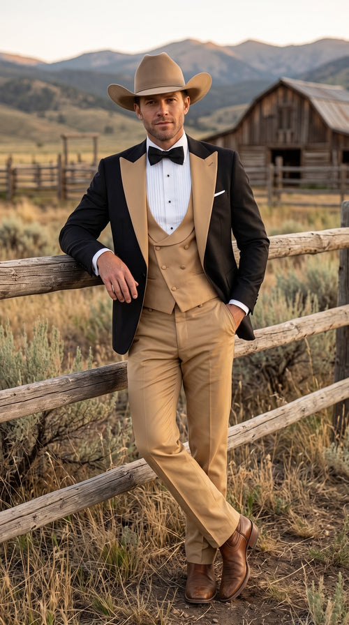 Men's Western Khaki Cowboy Tuxedo Suit ā Black & Tan Beige Peak Lapel 3-Piece Vested Formal Cowboy Suit