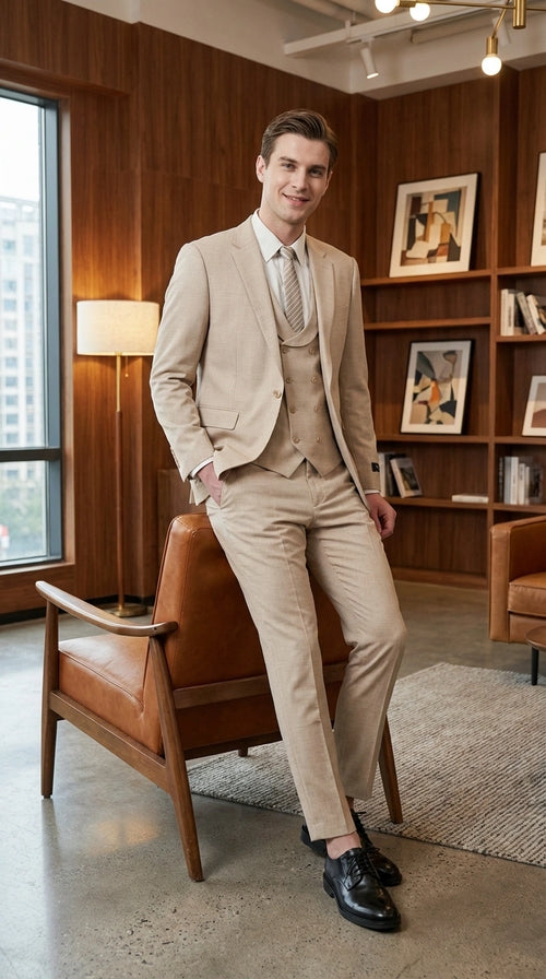 Mens Sand Beige 3 Piece Suit β Double breasted Vest Formal Suit Set and Dress Pants in Champaign Natural Summer Color