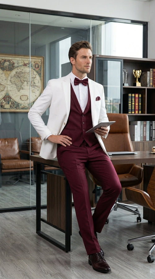Menās White and Burgundy 3 Piece Tuxedo Suit, Vested Formal Wedding Prom Dinner Suit Set bowtie included