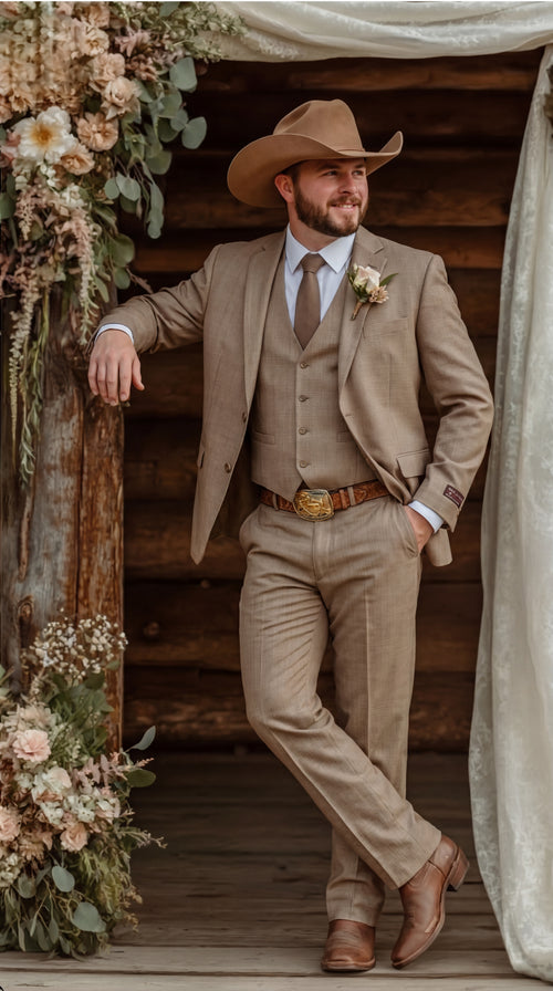 Mens Sharkskin Dark Taupe Tan with sheen Western 3 Piece Suit β Classic Country Style Blazer Vest Pants Set, Formal Cowboy Suit Outfit