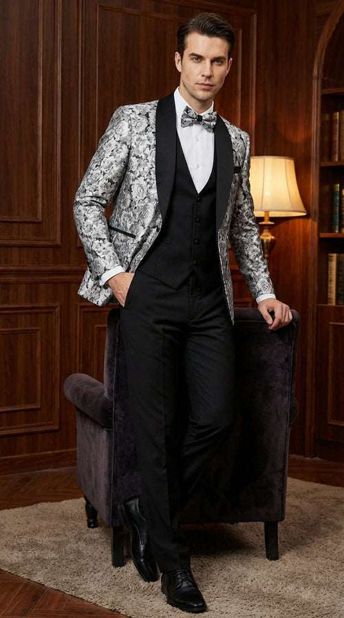 Mens Black and Silver Floral Tuxedo β Luxury Patterned Wedding, Prom and Formal Dinner Tuxedo