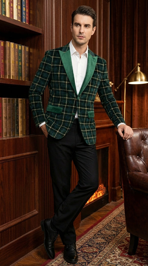 Mens Tartan Green and Gold Check Blazer β Windowpane Plaid Sport Coat Velvet Lapel Plaid Christmas Holiday New Year Jacket